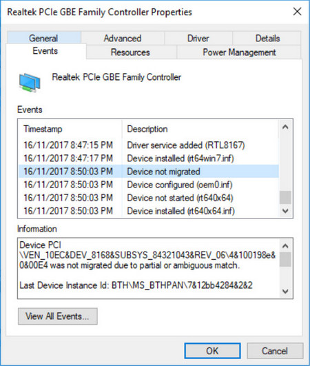 Device not migrated error on windows 10